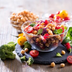 Healthy homemade chickpea and veggies salad, diet, vegetarian, vegan food, vitamin snack